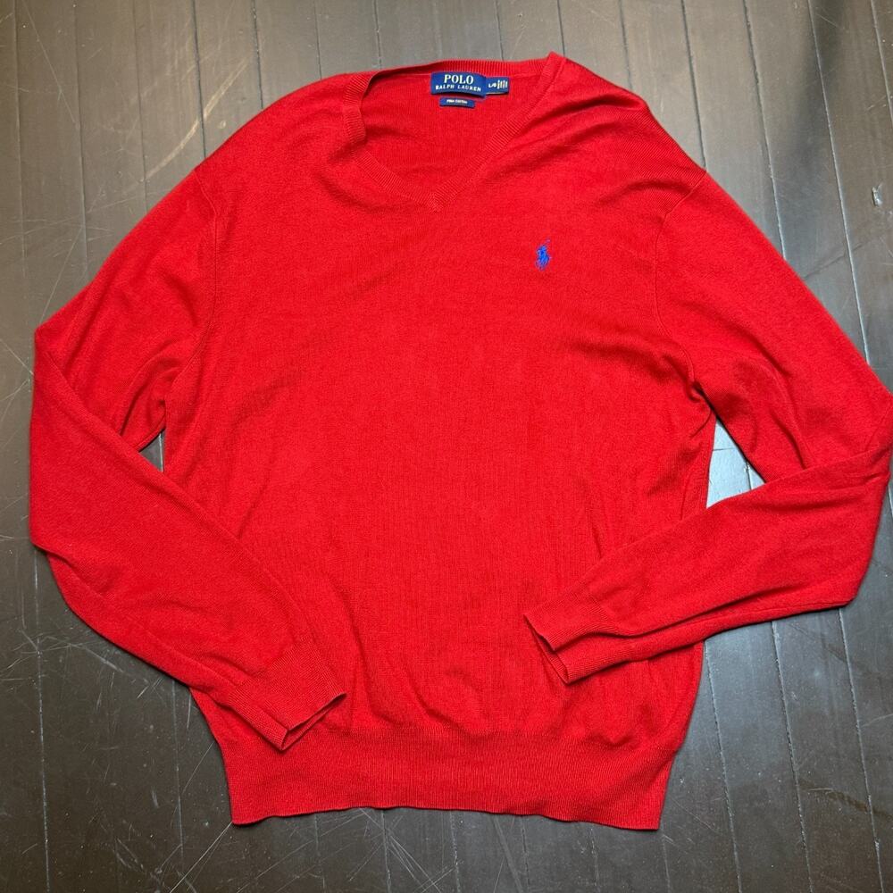 Polo Ralph Lauren Sweater Mens L Scarlet Pima V Neck Cotton Casual Preppy